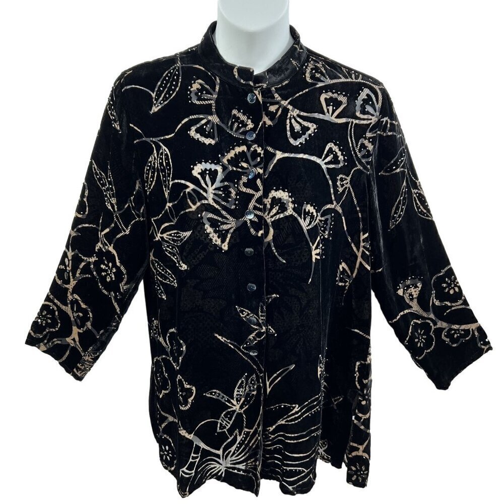 Chicos Design Womens 3 L Black Silk Velvet Burnout Jacket Mandarin Collar Tunic